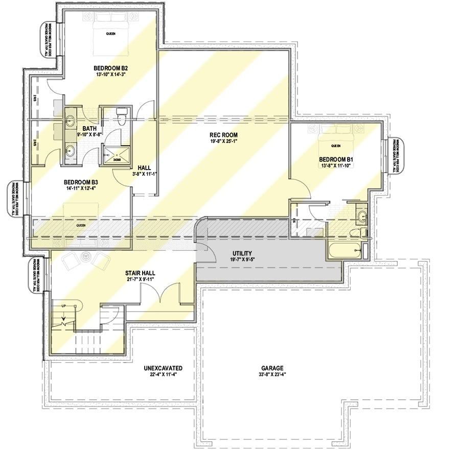 Lower level floor plan with three bedroom suites and a huge rec room.