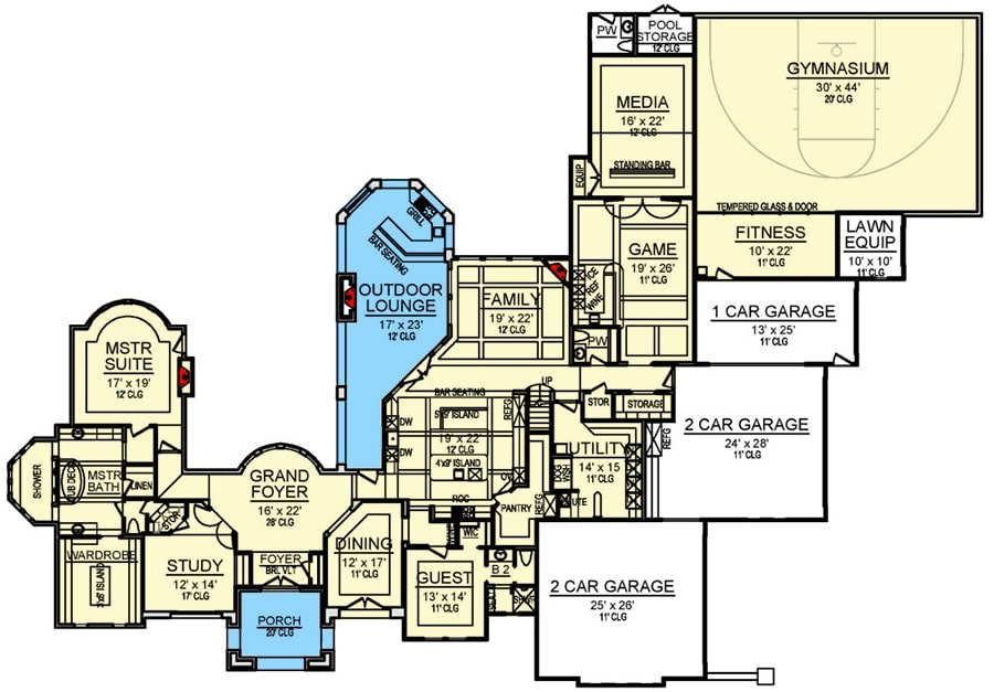 Main level floor plan of a 5-bedroom two-story Mediterranean home with entry porch, grand foyer, study, primary suite, formal dining room, kitchen, family room, guest room, utility room, game room, media room, fitness room, gymnasium, and outdoor lounge complete with a bar and grill.