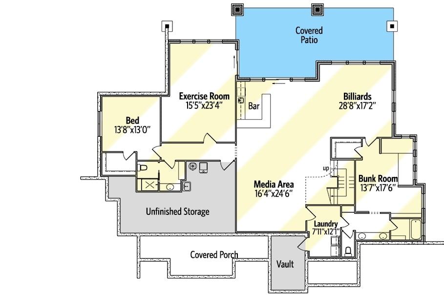 Lower level floor plan with an additional bedroom, exercise room, media area, billiards room, bunk room, and a full laundry room.