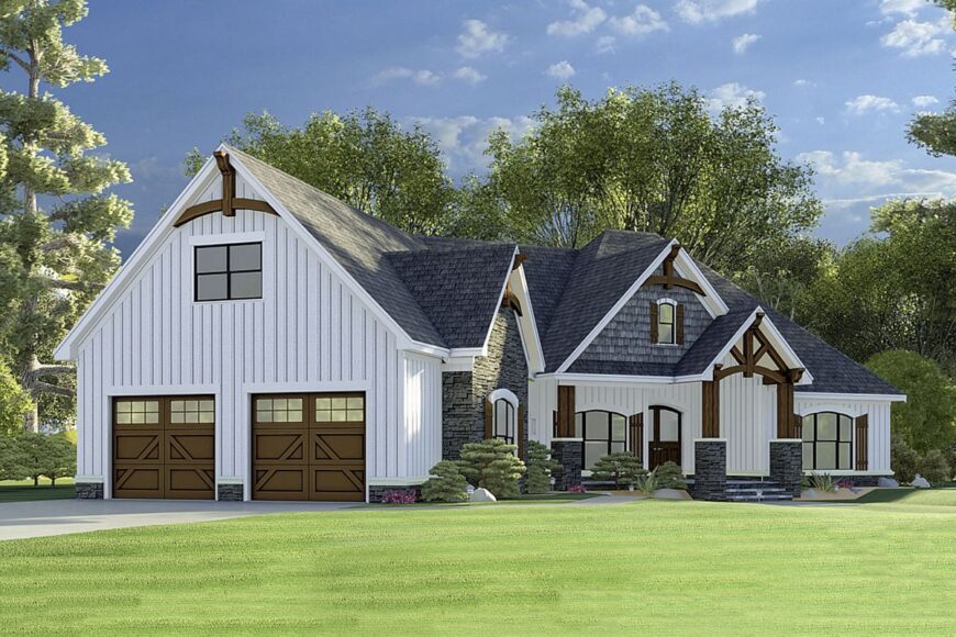 Left rendering of the two-story 3-bedroom mountain craftsman home.