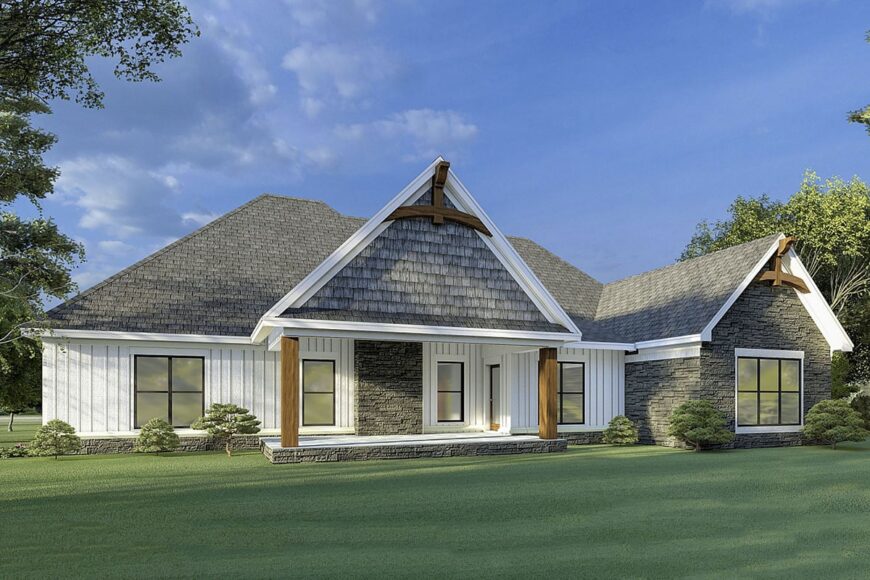 Rear rendering of the two-story 3-bedroom mountain craftsman home.