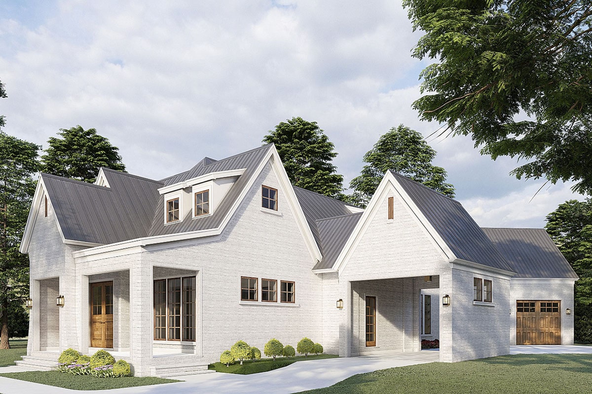 Rear-right rendering of the 3-bedroom two-story modern European-style transitional home.