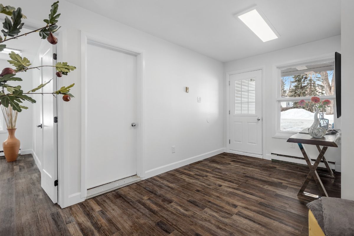 Dark wood and white walls create a stunning combination in this minimal foyer that uses plants to bring life and texture into the space.