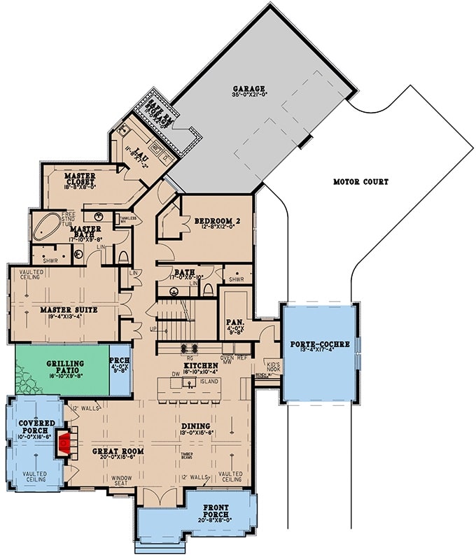 Main level floor plan of a 3-bedroom two-story modern European-style transitional home with great room, diinng area, kitchen, laundry room, two bedrooms including the primary suite, and plenty of outdoor spaces.