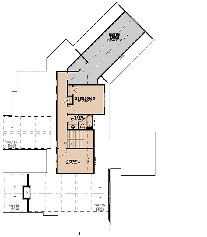 Second level floor plan with office, bedroom, and a bonus room above the garage.