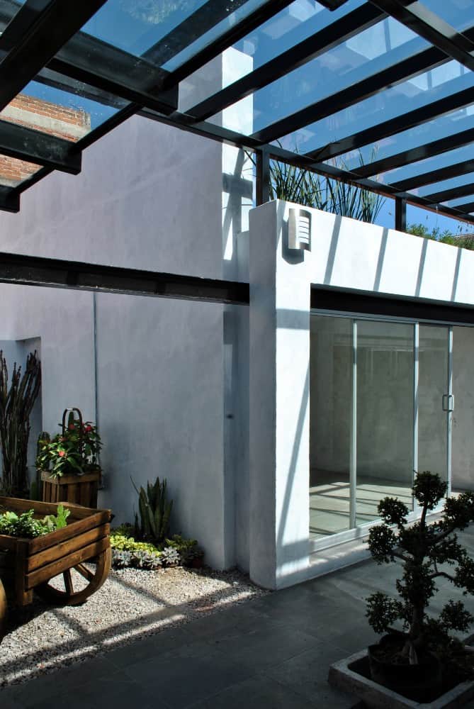 This is a closer look at the glass ceiling of the courtyard supported by beams of metal and a small garden on the side.