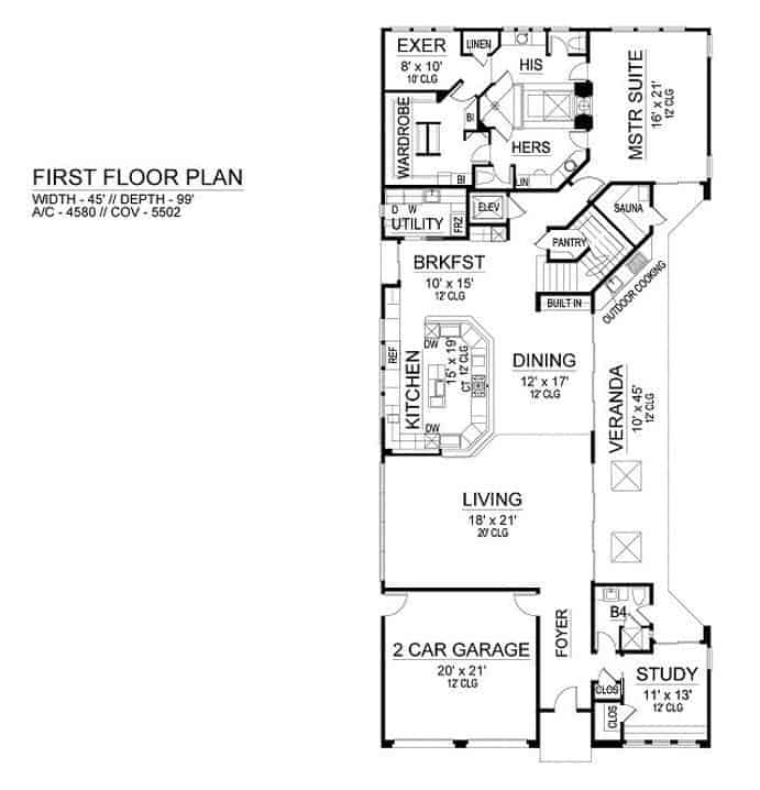 Main level floor plan of a two-story 3-bedroom modern home with foyer, living room, dining area, kitchen, breakfast nook, study, primary suite, and veranda with outdoor cooking and a sauna.