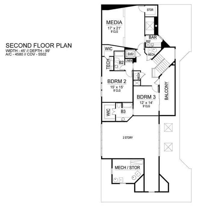 Second level floor plan with two bedroom suites and a media room complete with a wet bar.