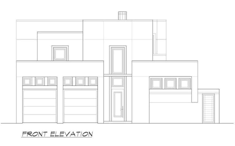 Front elevation sketch of the two-story 3-bedroom modern home.