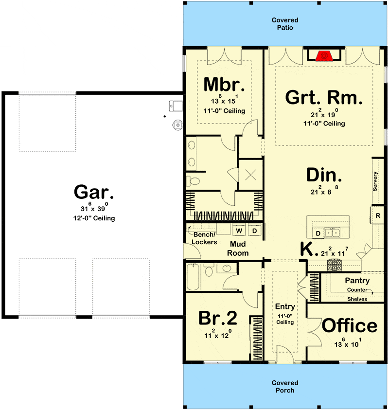 Main level floor plan of a single-story 2-bedroom traditional style home with front and rear porches, foyer, office, kitchen, dining area, great room, and mudroom leading to the garage.