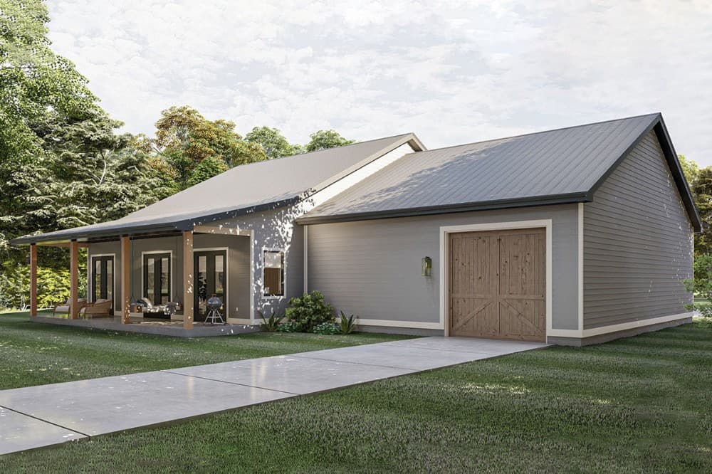 Rear rendering of the single-story 2-bedroom traditional style home.