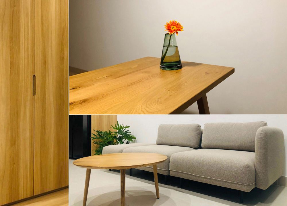 An oak wood cabinet, dining table, and living room center table, as well as an upholstered sofa.