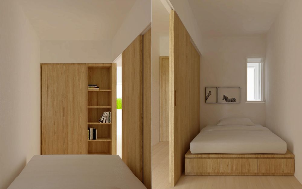 Minimalist bedroom with bed, cabinet, door, and flooring that are made from oak wood.