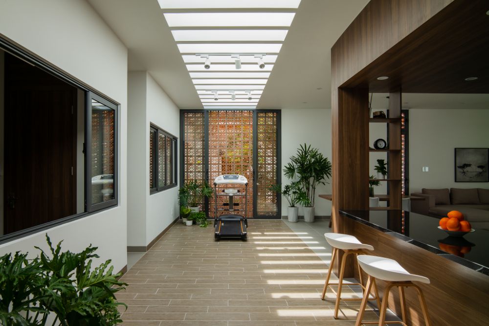 Connecting spaces between bedroom, kitchen, exercise, dining. and living area.