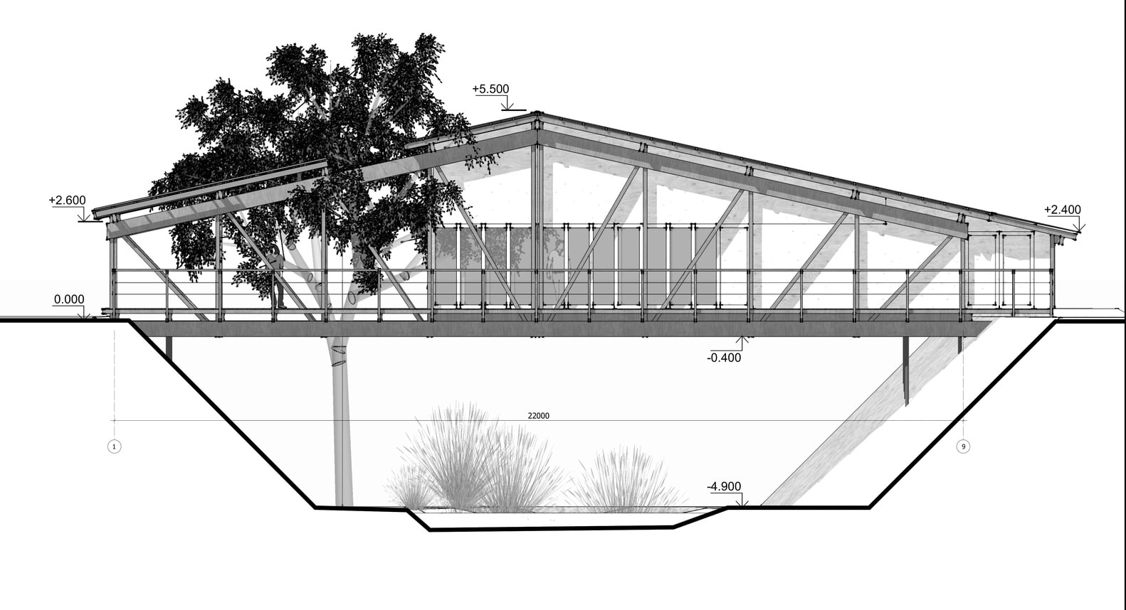 Side view of the bridge house plan