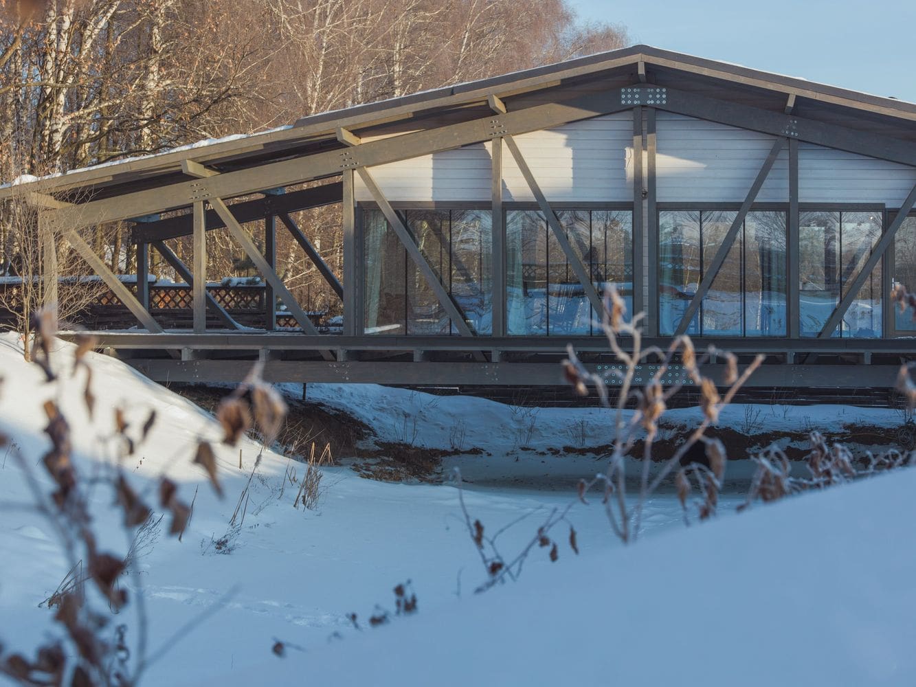 Bridge house with snow outside