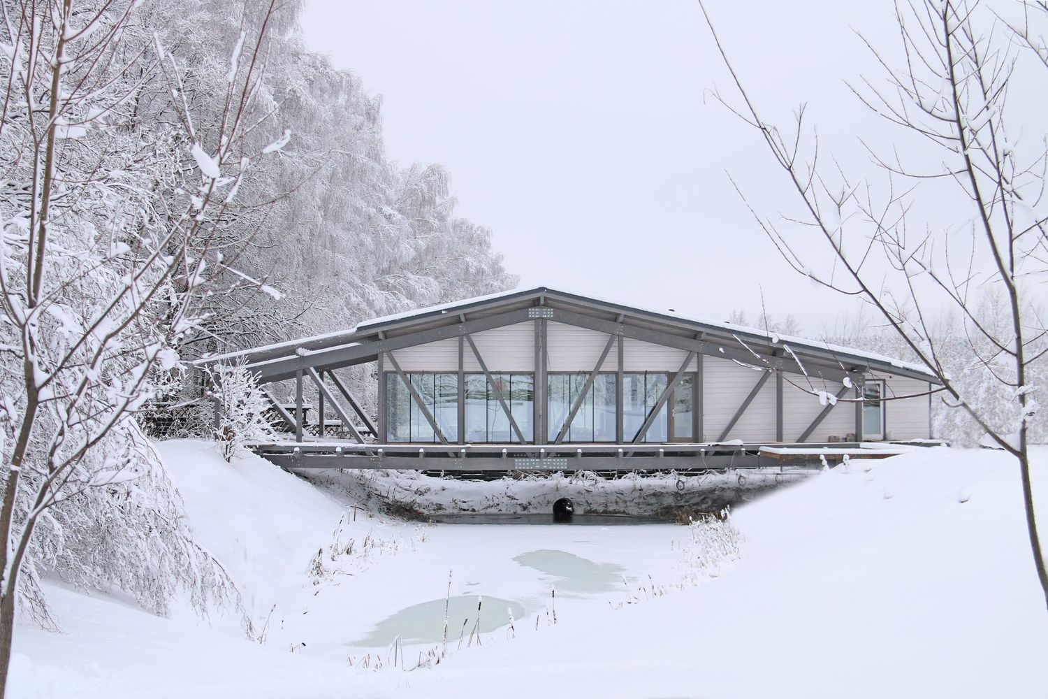 Bridge house front view with snow