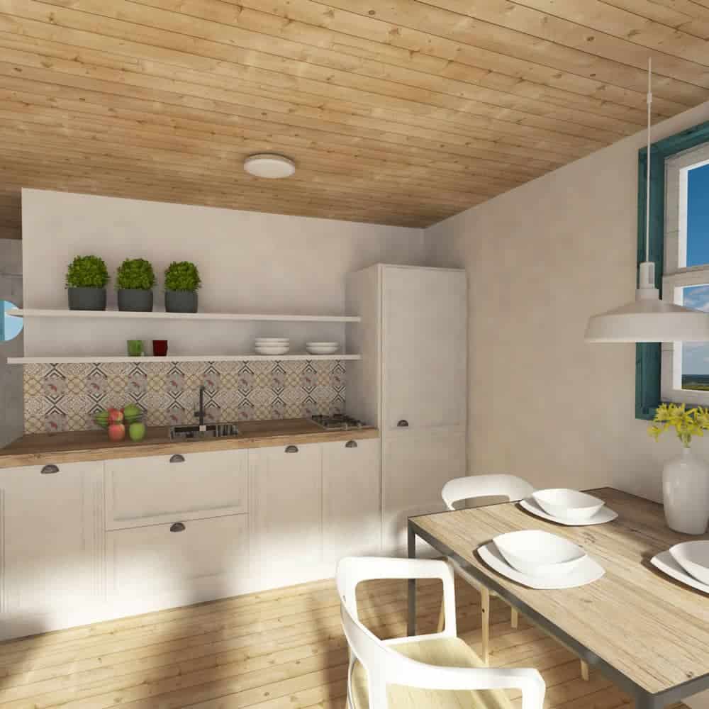 The eat-in kitchen offers white cabinets, floating shelves, and a wooden dining set well-lit by white dome pendants.