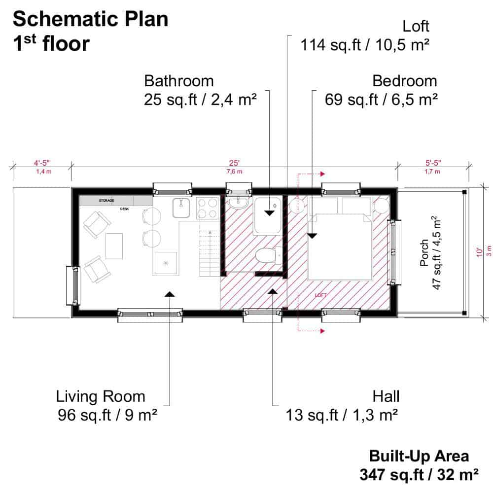 Main level floor plan of a 2-bedroom single-story little Lori home with living room, eat-in kitchen, a bathroom, a bedroom, and a loft.