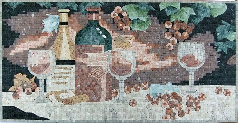 A tile mosaic of wine and grapes.