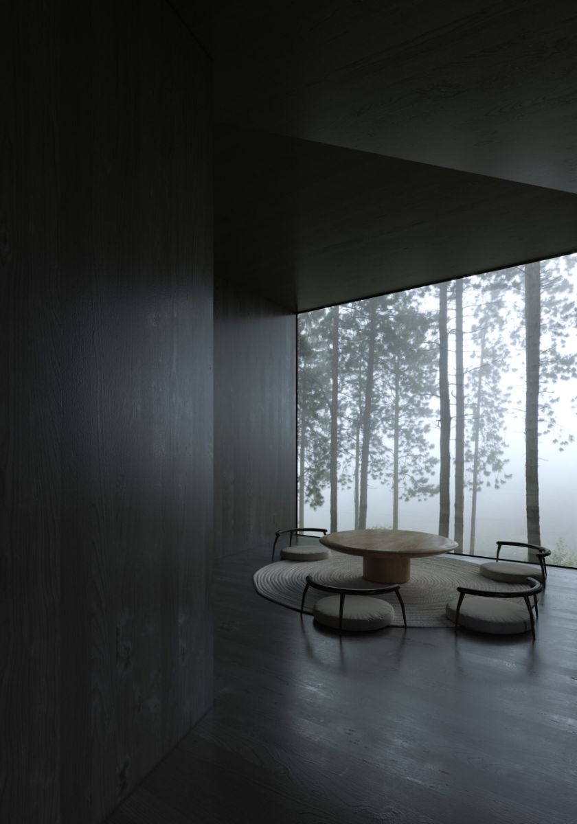 The dark interior living space with panoramic views of the window.