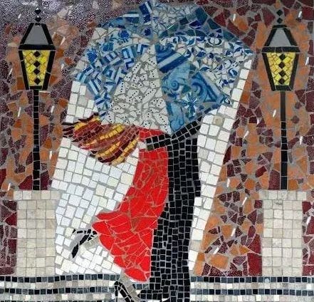 A mosaic of a couple holding an umbrella.