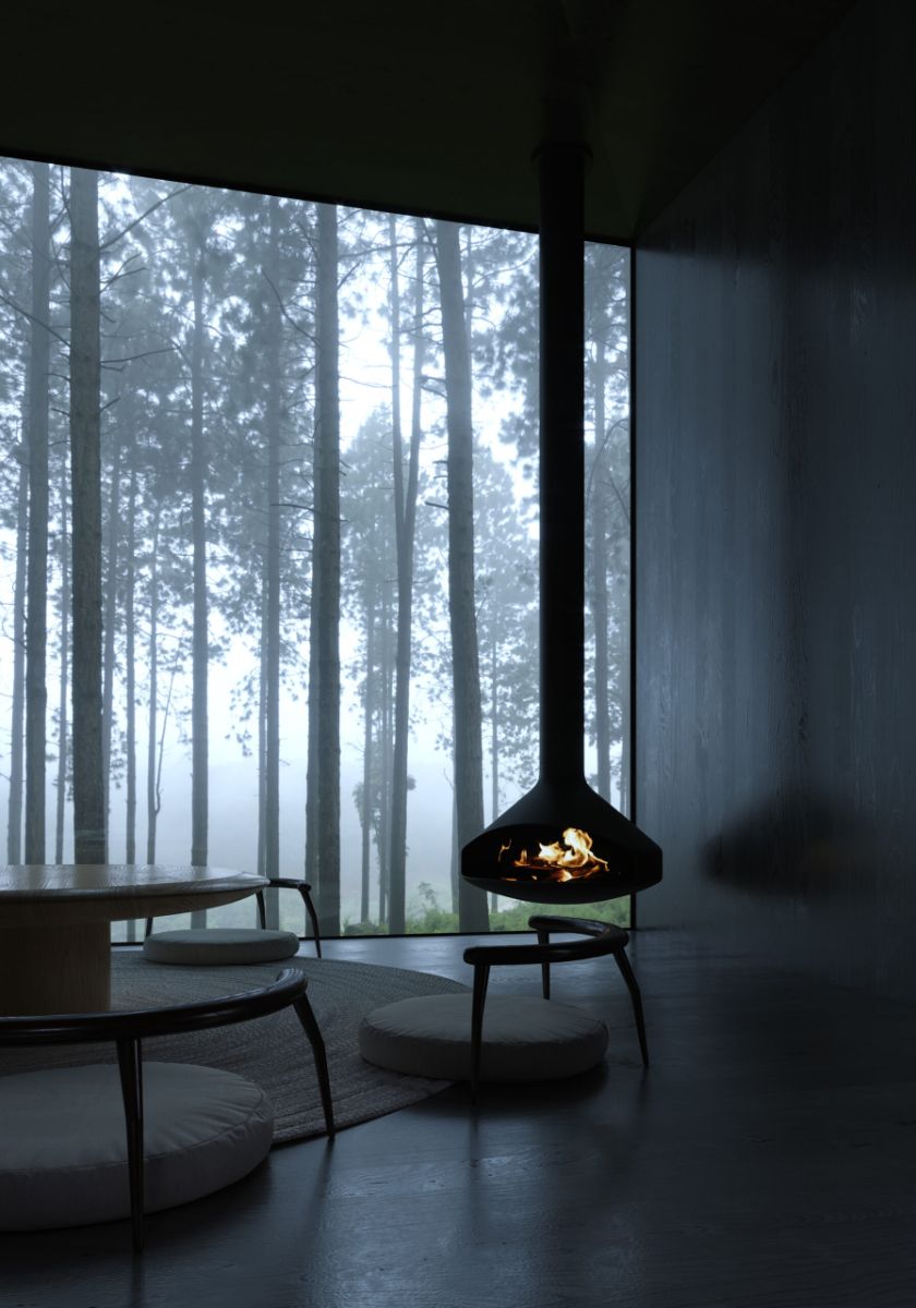 The dark interior living space with fireplace with panoramic views of the window.