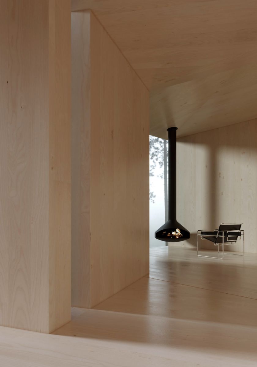 The light interior living space with fireplace with panoramic views of the window.