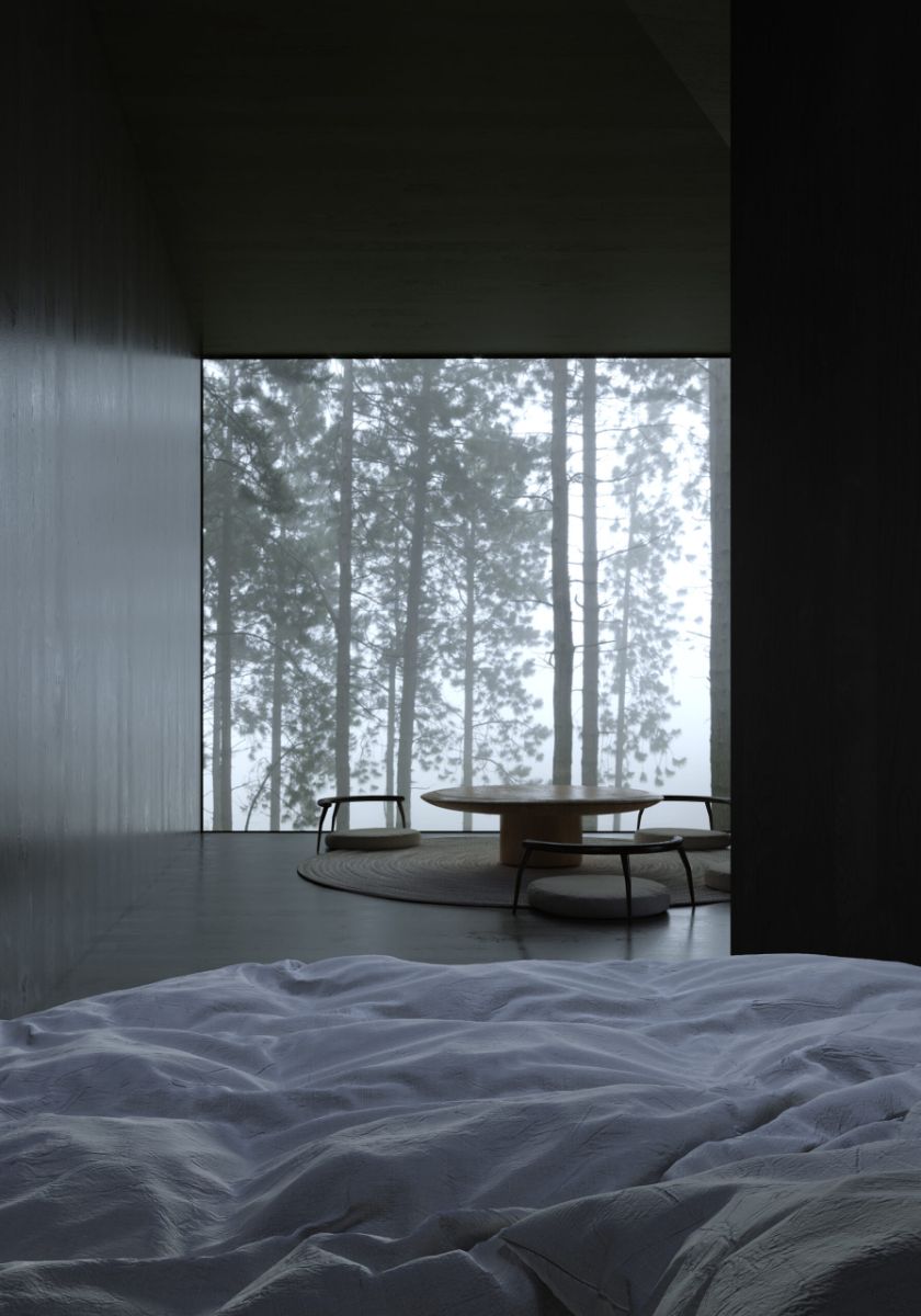 The dark interior bedroom with views of the nature from the glass window.