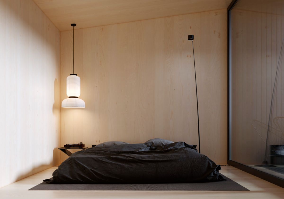 The light interior bedroom with a ceiling creates a fascinating composition of light and shade.