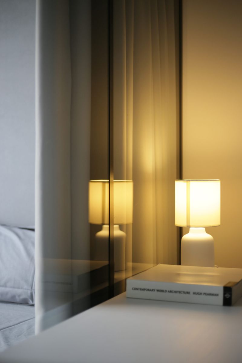 The study area from the living room with a milky-white Asteria pendant lamp.