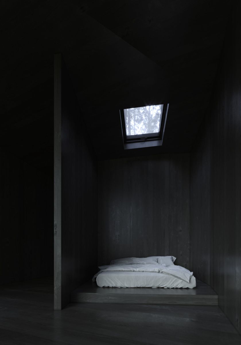 The dark interior sky lit bedroom.