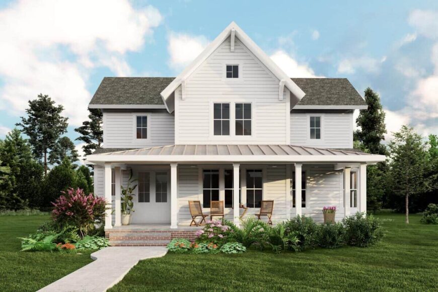 Front rendering with horizontal lap siding, a central gable, and a covered entry porch bordered by white columns.