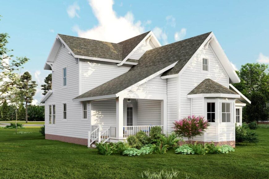 Right exterior view showcasing a bay window, varied rooflines, and another covered porch.