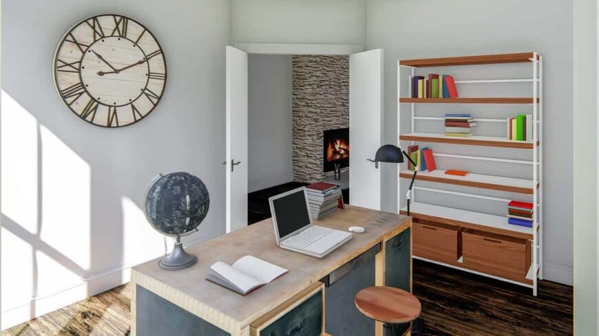 The home office has hardwood flooring and pristine white walls adorned with a large wall clock.