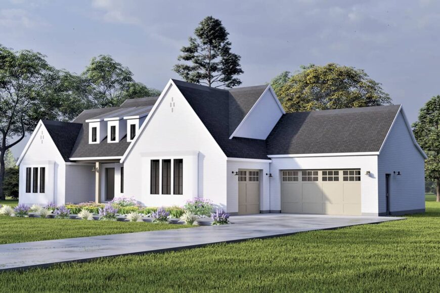 Front-right rendering with 3-car garage and a concrete driveway.