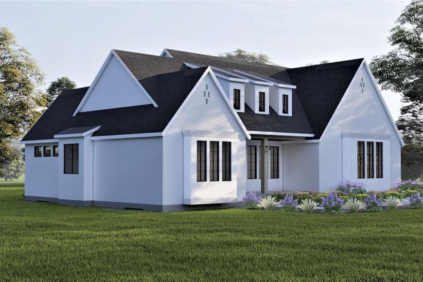 Front-left rendering showcasing its horizontal siding and a covered porch topped with three shed dormers.