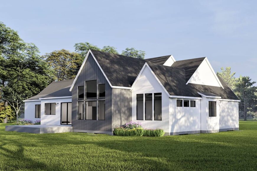 Rear-left rendering with gable rooflines and contrasting siding.