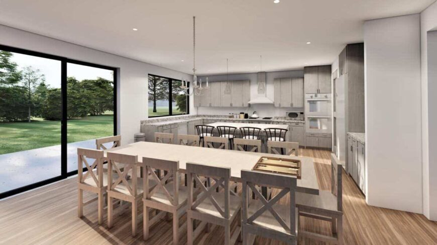 Eat-in kitchen with a 12-seater dining set, light wood cabinets, slate appliances, a center island, and sliding glass doors that open onto an airy patio.