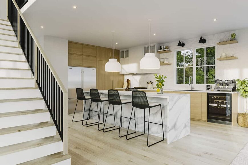 Kitchen with floating shelves, wooden cabinets, and a marble island that matches the backsplash.