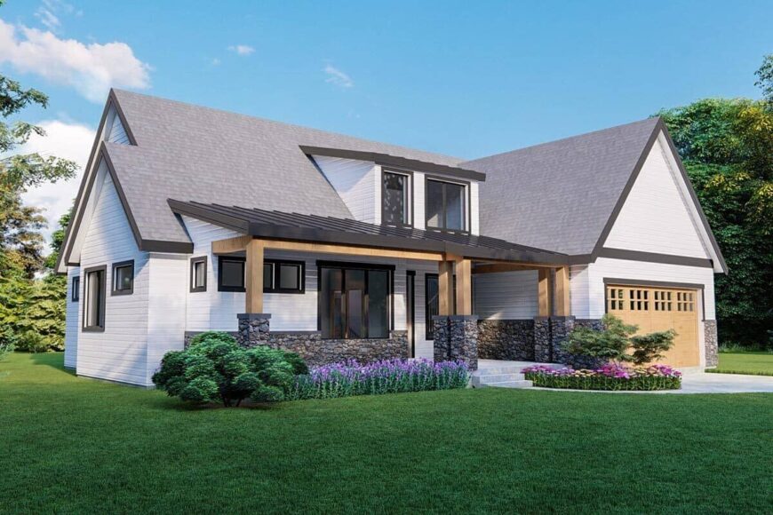 Front-left rendering with a shed dormer and a covered entry porch framed with double columns.