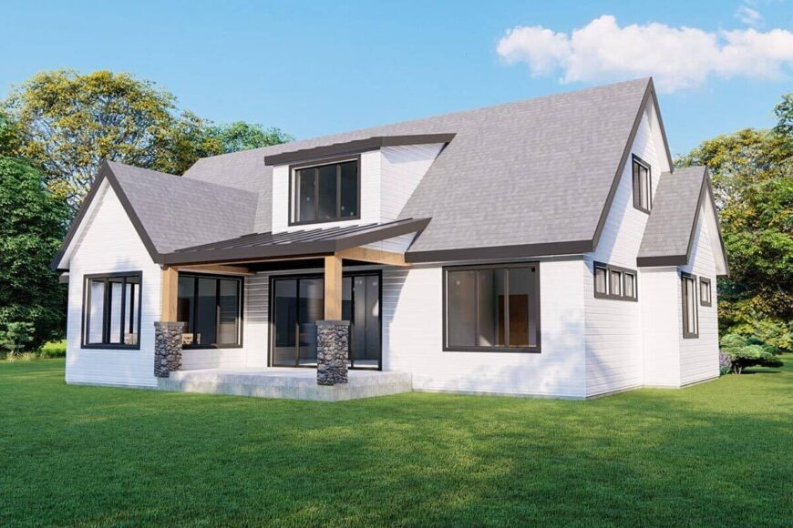 Rear rendering showcasing the covered deck topped by a metal shed roof and a dormer window.