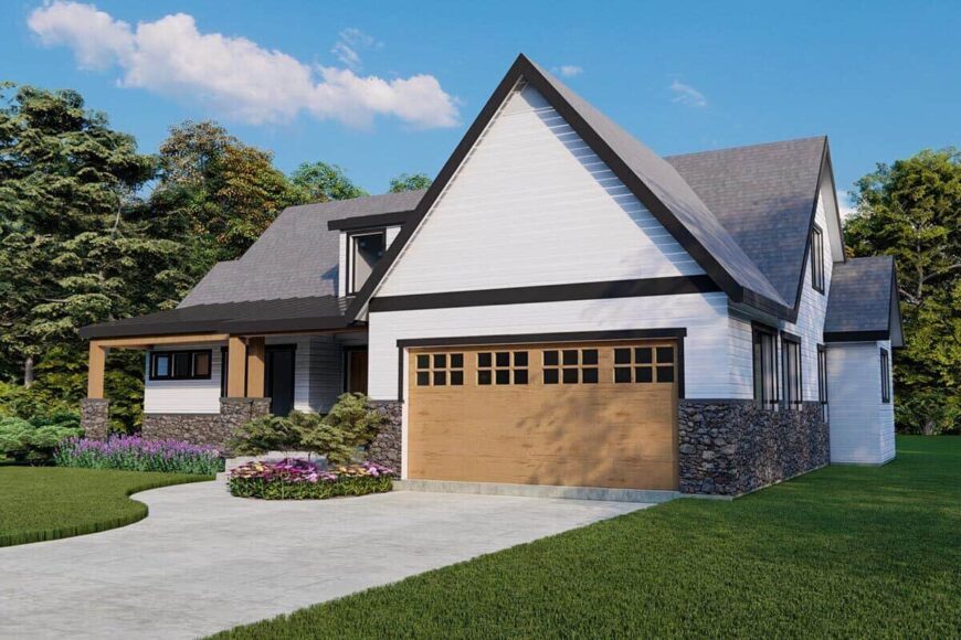 Front-right rendering with a double garage and a concrete driveway.