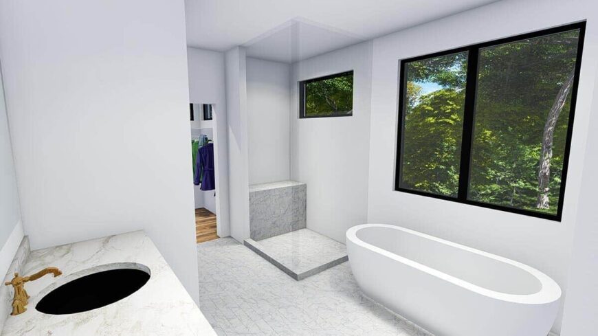 The primary bathroom offers a sink vanity, a freestanding tub, and a walk-in shower with a tiled bench.