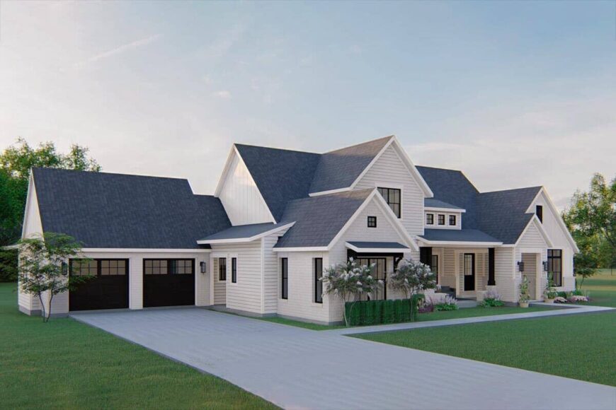 Front-left rendering with multiple gables, a double garage, and a covered entry porch topped with a large dormer.