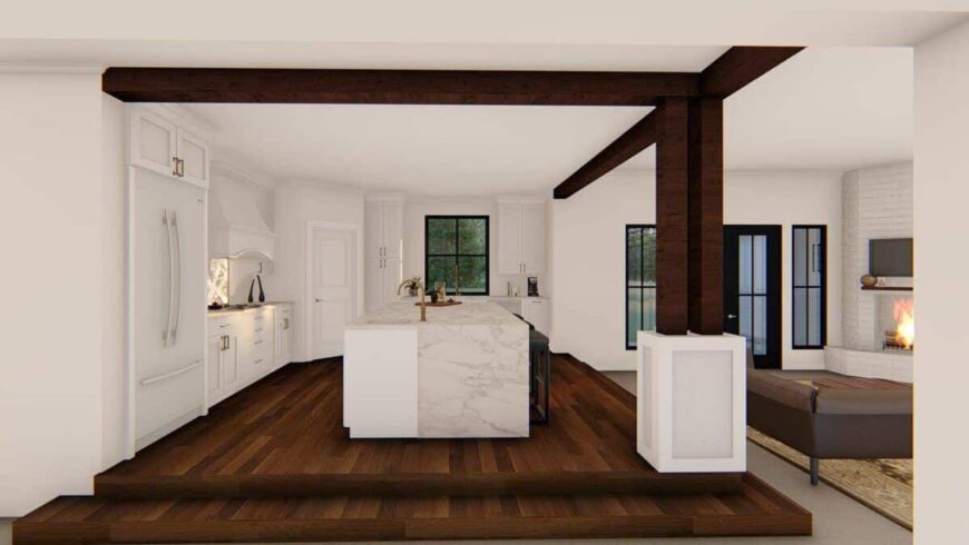 Rustic timbers along with a large column and raised hardwood floor create distinction in the kitchen.