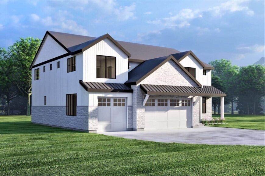 Front-left rendering showcasing the 3-car garage with white paneled doors and concrete driveway.