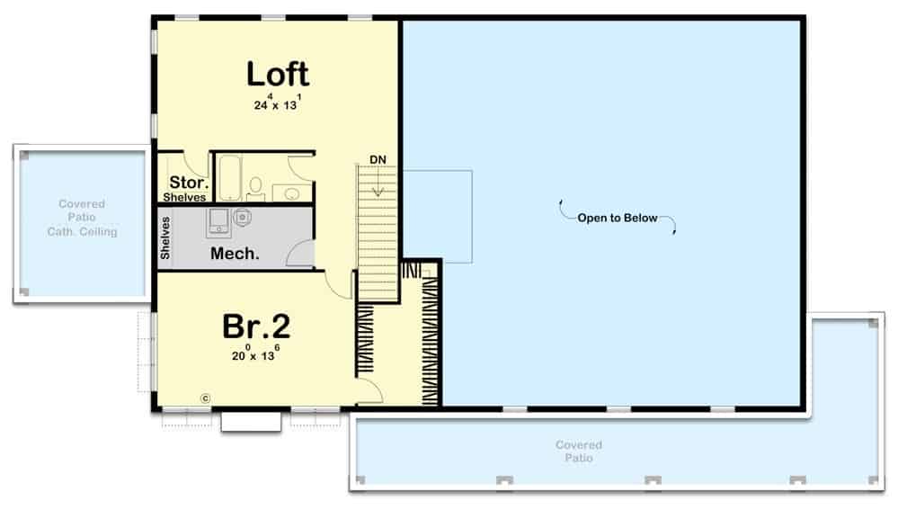 Second level floor plan with a bedroom, a loft, and a common bathroom.