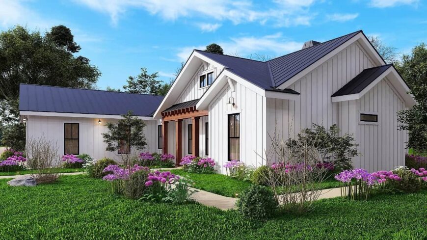 Front-right rendering with board and batten siding, gable rooflines, and a covered entry porch lined with timber posts.