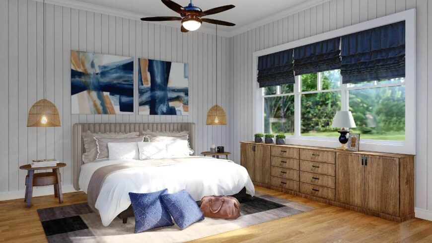 The primary bedroom features a wooden dresser and a custom bed flanked by round nightstands and wicker pendants.